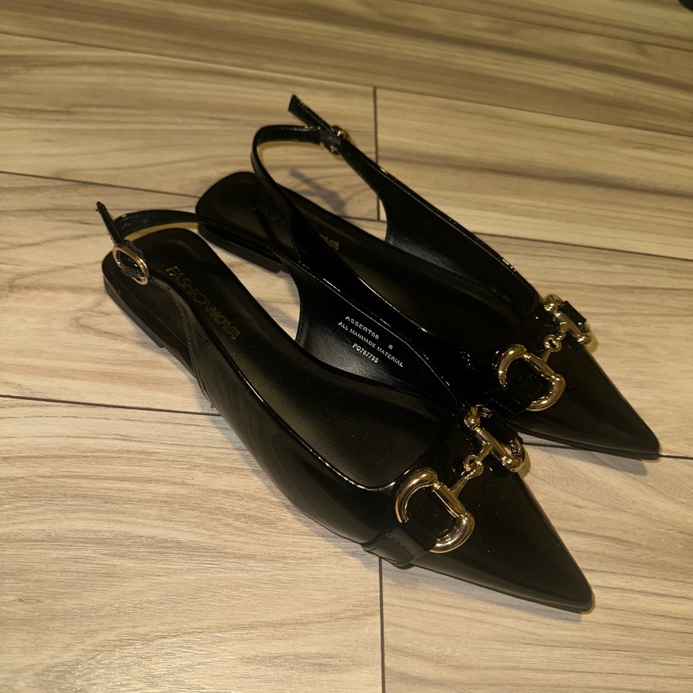Fashion Nova Black Flats with Gold Buckle